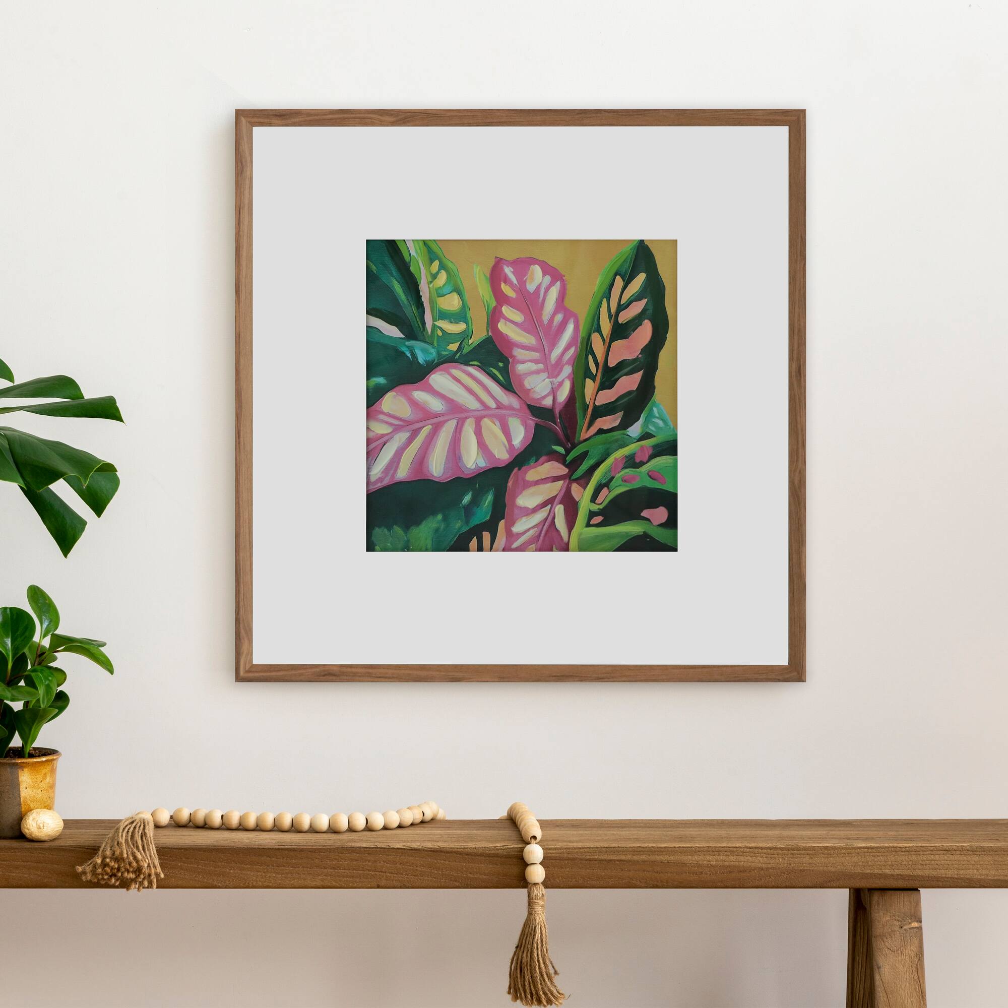 20" x 20" Pink & Green Calathea Leaf Wall Décor in Woodgrain Frame by Ashland®